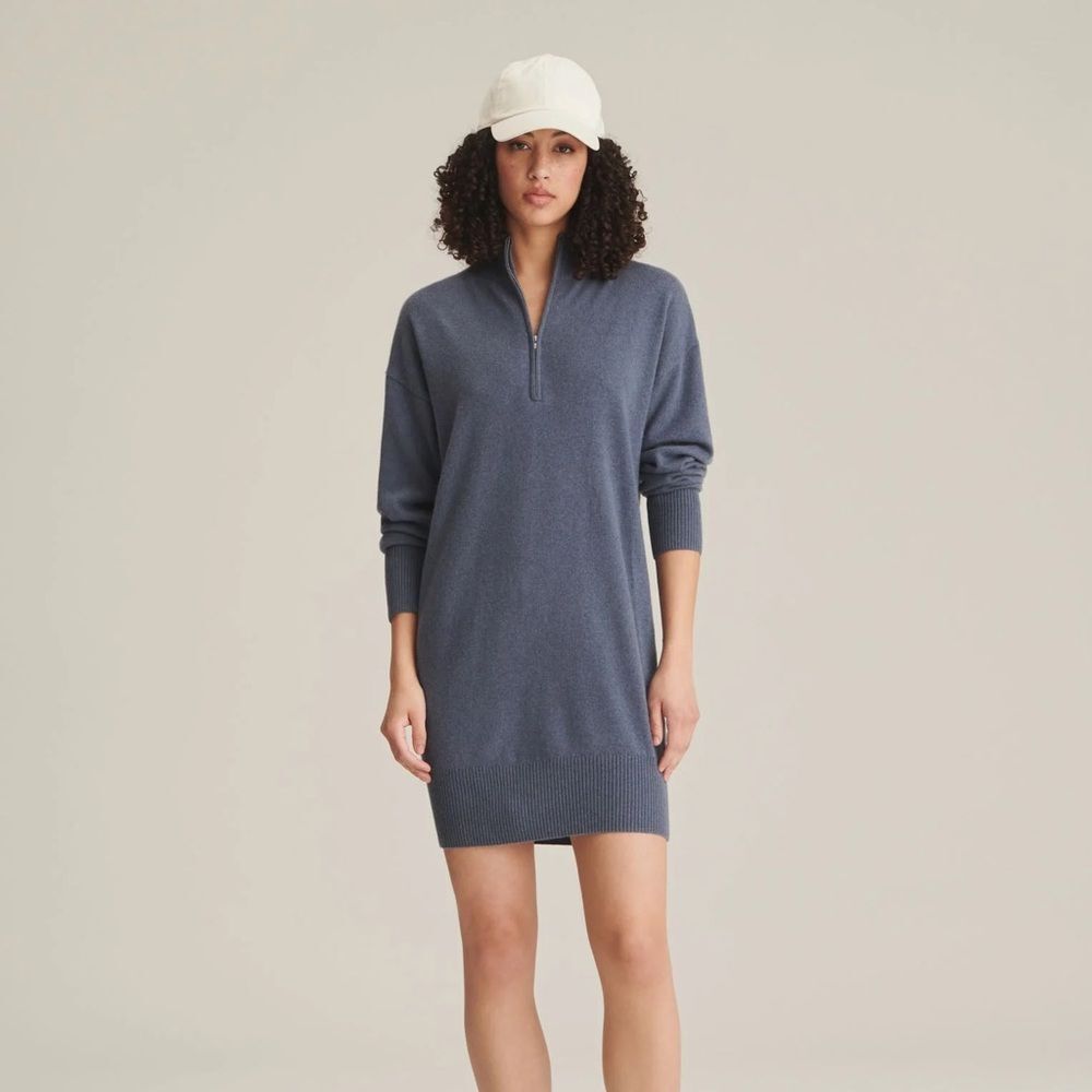 NAADAM Slate Blue Long Sleeve Half-Zip Sweater Dress